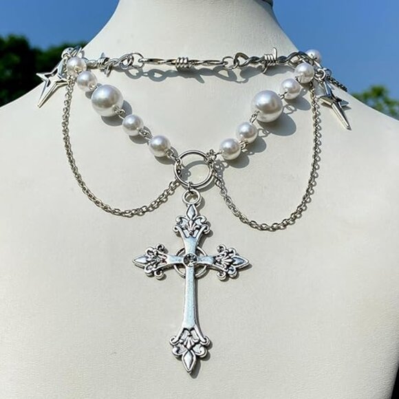 Gothic Punk Cosmic Cross Rosary Layered Choker Silver and White Necklace - Picture 13 of 14